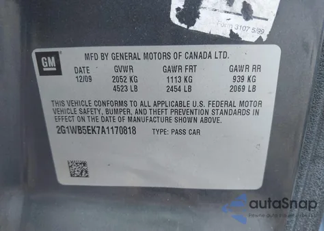 2010 Chevrolet Impala Lt from USA, damaged, VIN 2G1WB5EK7A1170818